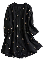 Fashion Black Little Bear Embroidered Zippered Cotton Coat Long Sleeve