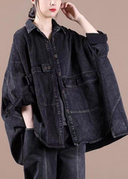 Fashion Black Loose Button Patchwork asymmetrisches Design Herbst Denim Langarm Bluse Tops