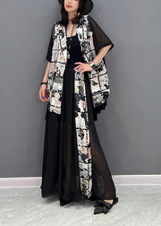Fashion Black Notched Print Patchwork Chiffon Coats And Skirts Two Pieces Set Fall