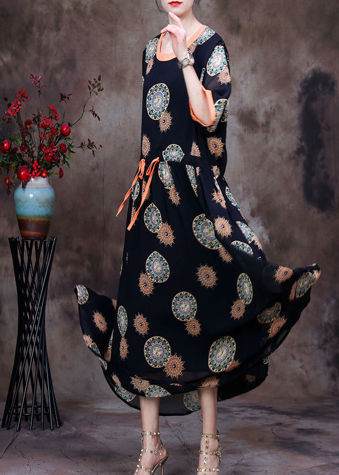 Fashion Black O-Neck Drawstring Patchwork Print Chiffon Long Dress Half Sleeve