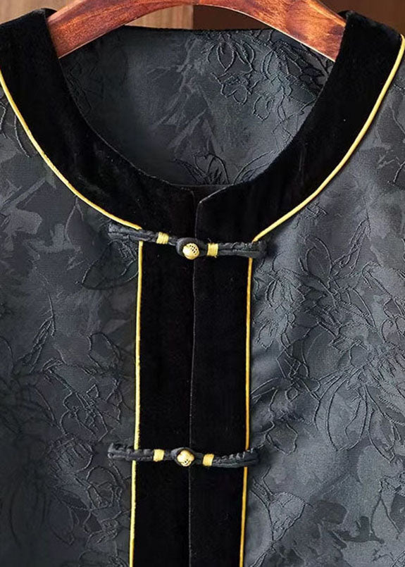 Fashion Black O-Neck Embroidered Silk Patchwork Waistcoat Sleeveless