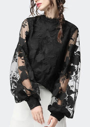 Fashion Black O-Neck Floral Lace Shirt Puff Sleeve