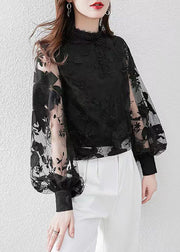 Fashion Black O-Neck Floral Lace Shirt Puff Sleeve