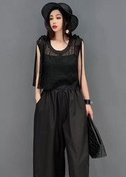 Mode Schwarz O-Ausschnitt aushöhlen Spitze Patchwork Baumwolle Weste Tops und Hosen mit weitem Bein Zweiteiler Sommer