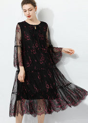 Fashion Black O Neck Hollow Out Lace Patchwork Tulle Dress Summer