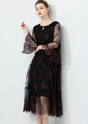 Fashion Black O Neck Hollow Out Lace Patchwork Tulle Dress Summer