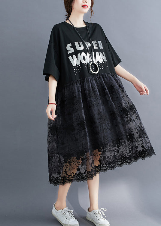 Fashion Black O-Neck Lace Patchwork Cotton Holiday Dress Half Sleeve