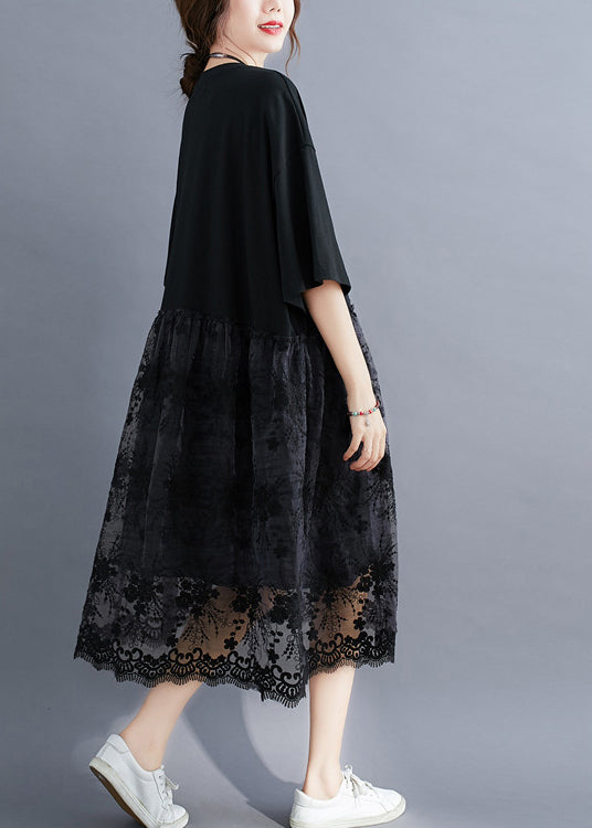 Fashion Black O-Neck Lace Patchwork Cotton Holiday Dress Half Sleeve
