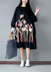 Fashion Black O-Neck Oversized Print Cotton Sweatshirt Dress Spring