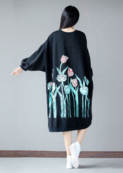 Fashion Black O-Neck Oversized Print Cotton Sweatshirt Dress Spring