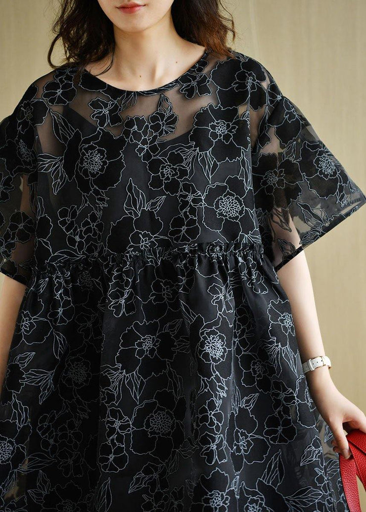 Fashion Black O-Neck Patchwork Floral Summer Half Sleeve Dress - SooLinen