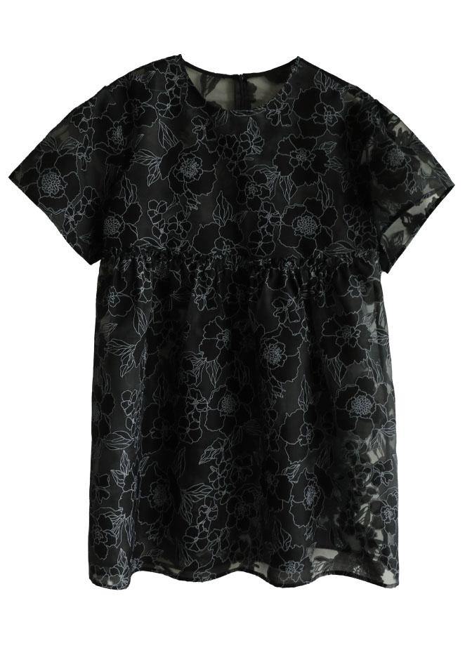 Fashion Black O-Neck Patchwork Floral Summer Half Sleeve Dress - SooLinen