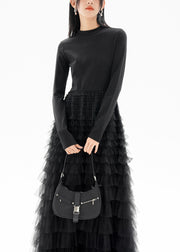 Fashion Black O-Neck Patchwork Tulle Long Dresses Fall