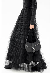 Fashion Black O-Neck Patchwork Tulle Long Dresses Fall