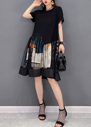 Fashion Black O-Neck Patchwork Tulle Mid Dresses Short Sleeve