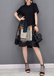 Fashion Black O-Neck Patchwork Tulle Mid Dresses Short Sleeve