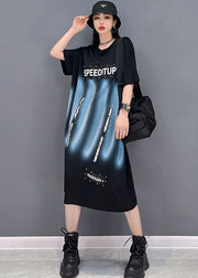 Fashion Black O-Neck Print Cotton Streetwear Kleid Kurzarm