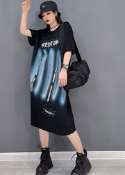 Fashion Black O-Neck Print Cotton Streetwear Dress Short Sleeve
