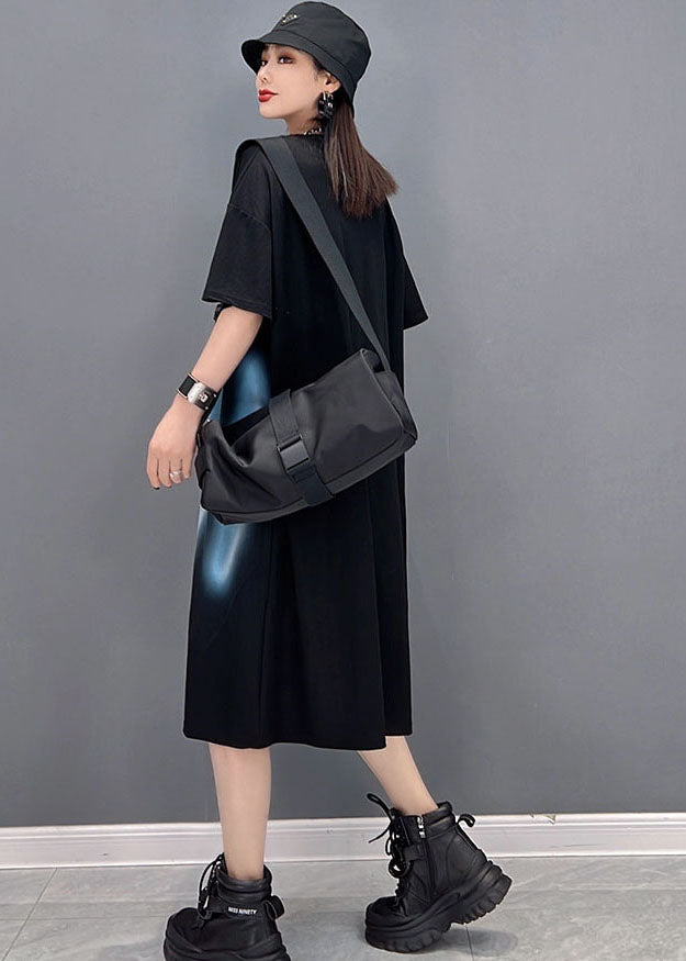 Fashion Black O-Neck Print Cotton Streetwear Dress Short Sleeve