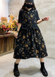 Fashion Black O-Neck Print Pockets Cotton Long Dress Sleeveless