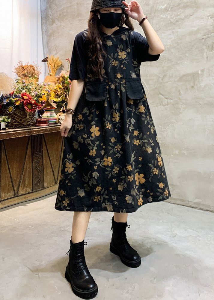 Fashion Black O-Neck Print Pockets Cotton Long Dress Sleeveless
