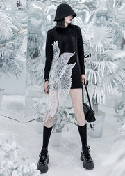 Fashion Black O-Neck Flügel bestickt Tüll Patchwork Baumwolle Minikleid Langarm
