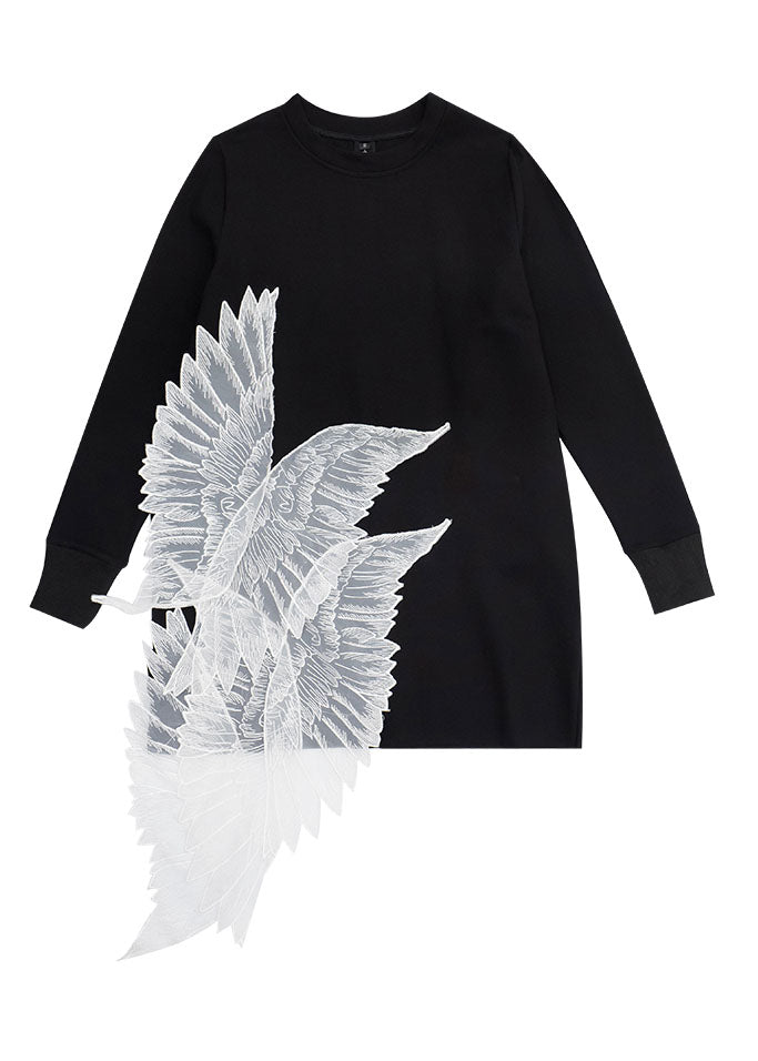 Fashion Black O-Neck Wing Embroidered Tulle Patchwork Cotton Mini Dress Long Sleeve