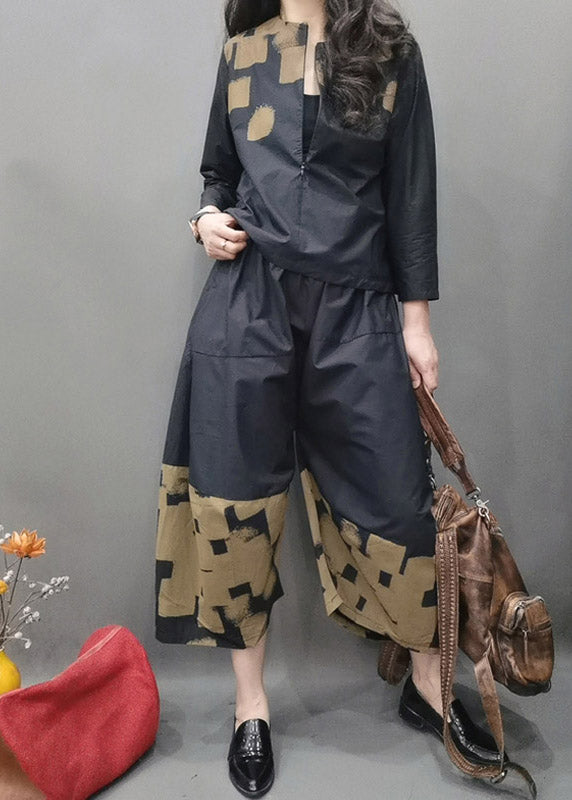 Fashion Black O-Neck Zippered Cotton Top And wide leg pants Two Pieces Set Spring