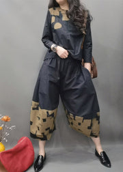Modisches schwarzes O-Neck-Baumwolloberteil mit Reißverschluss und Hose mit weitem Bein Zweiteiliges Set Frühling