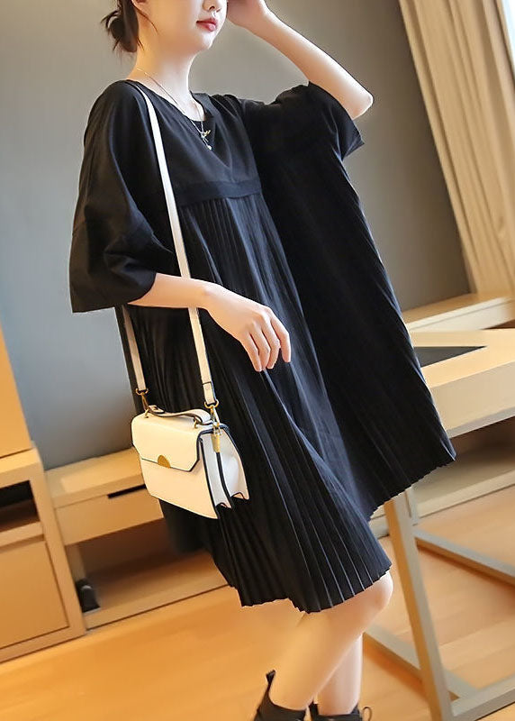 Fashion Black Oversized Patchwork Pleated Mid Dress Half Sleeve