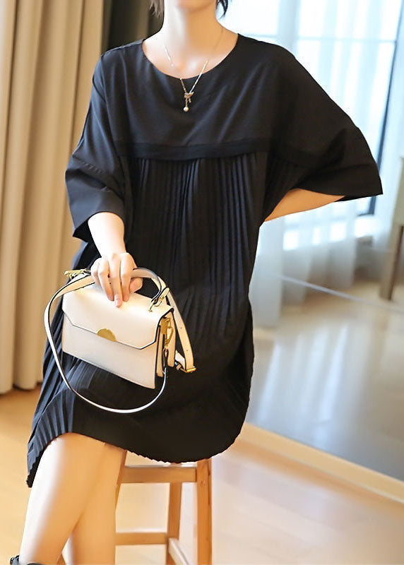 Fashion Black Oversized Patchwork Pleated Mid Dress Half Sleeve