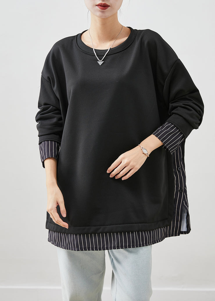 Fashion Black Oversized Patchwork Striped Cotton Sweatshirt Streetwear Fall