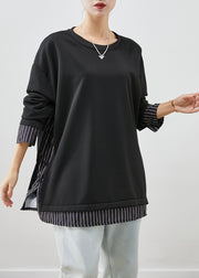 Fashion Black Oversized Patchwork Striped Cotton Sweatshirt Streetwear Fall