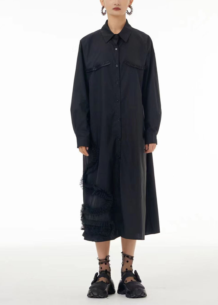 Fashion Black Oversized Patchwork Wrinkled Cotton Shirt Dress Spring