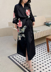 Fashion Black Oversized Print Ice Silk Loose Robe Summer