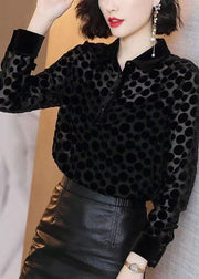 Fashion Black Peter Pan Collar Dot Hollow Out Silk Velour Shirt Tops Long Sleeve