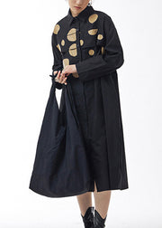 Fashion Black Peter Pan Collar Dot Patchwork Button Cotton Long Dress Spring