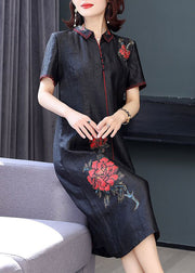 Fashion Black Peter Pan Collar Embroidered Silk Dress Summer