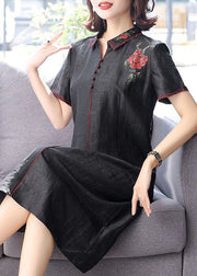 Fashion Black Peter Pan Collar Embroidered Silk Dress Summer