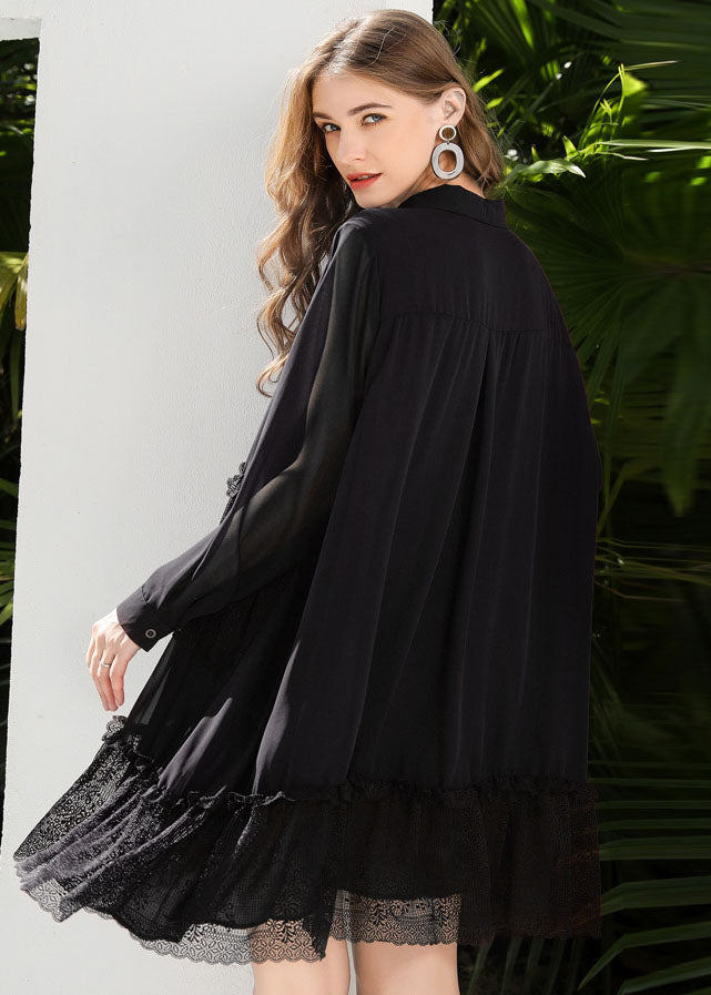 Fashion Black Peter Pan Collar Lace Patchwork Chiffon Holiday Dress Spring