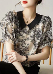 Fashion Black Peter Pan Collar Print Patchwork Chiffon Shirt Summer