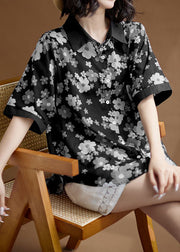 Fashion Black Peter Pan Collar Print Patchwork Cotton Shirts Top Summer