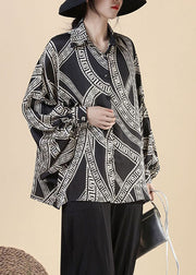 Fashion Black Peter Pan Collar Print Silk Shirts Top Long Sleeve