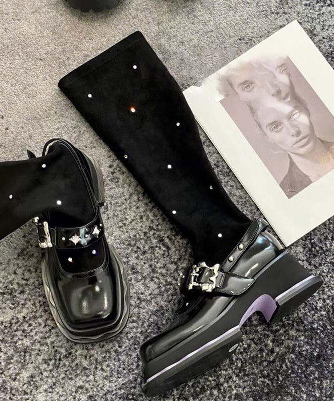 Fashion Black Platform Knit Fabric Splicing Diamond Knee Boots