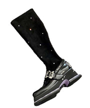 Fashion Black Platform Knit Fabric Splicing Diamond Knee Boots