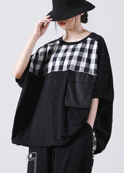 Fashion Black Pocket Plaid Cotton Shirt Tops Short Sleeve