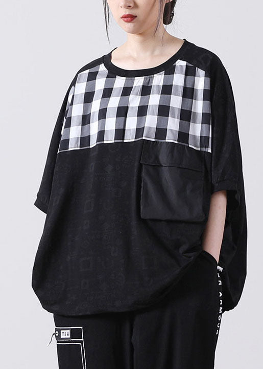 Fashion Black Pocket Plaid Cotton Shirt Tops Kurzarm