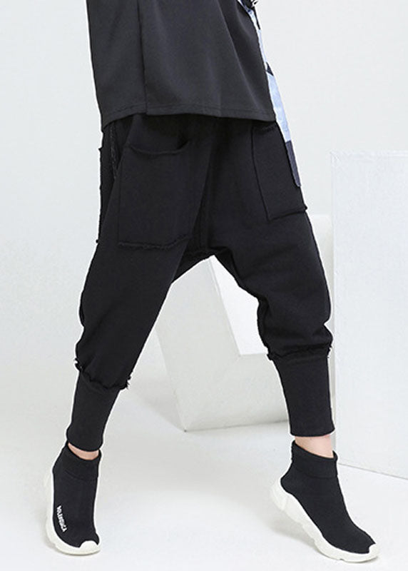 Fashion Black Pockets Elastic Waist Casual Fall Harem Pants