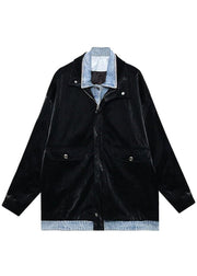 Fashion Black Pockets Patchwork Button Fall Long Sleeve Coat - SooLinen