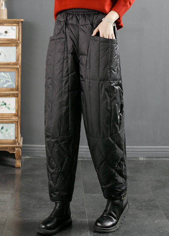 Fashion Black Pockets Patchwork Thick Duck Down Filled Pants